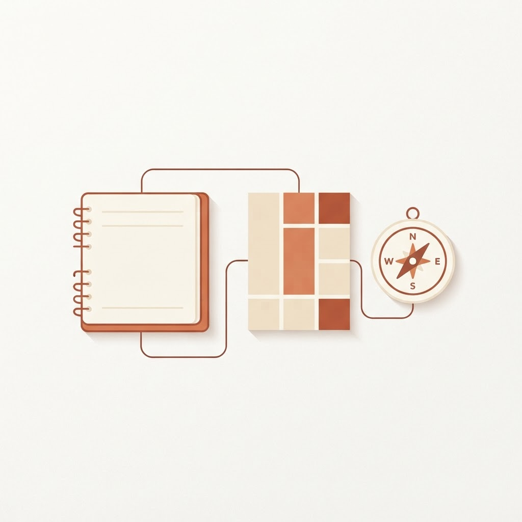 Abstrakte Illustration eines Notizbuchs, eines Layout-Rasters und eines Kompasses als Sinnbild für strukturiertes Arbeiten
